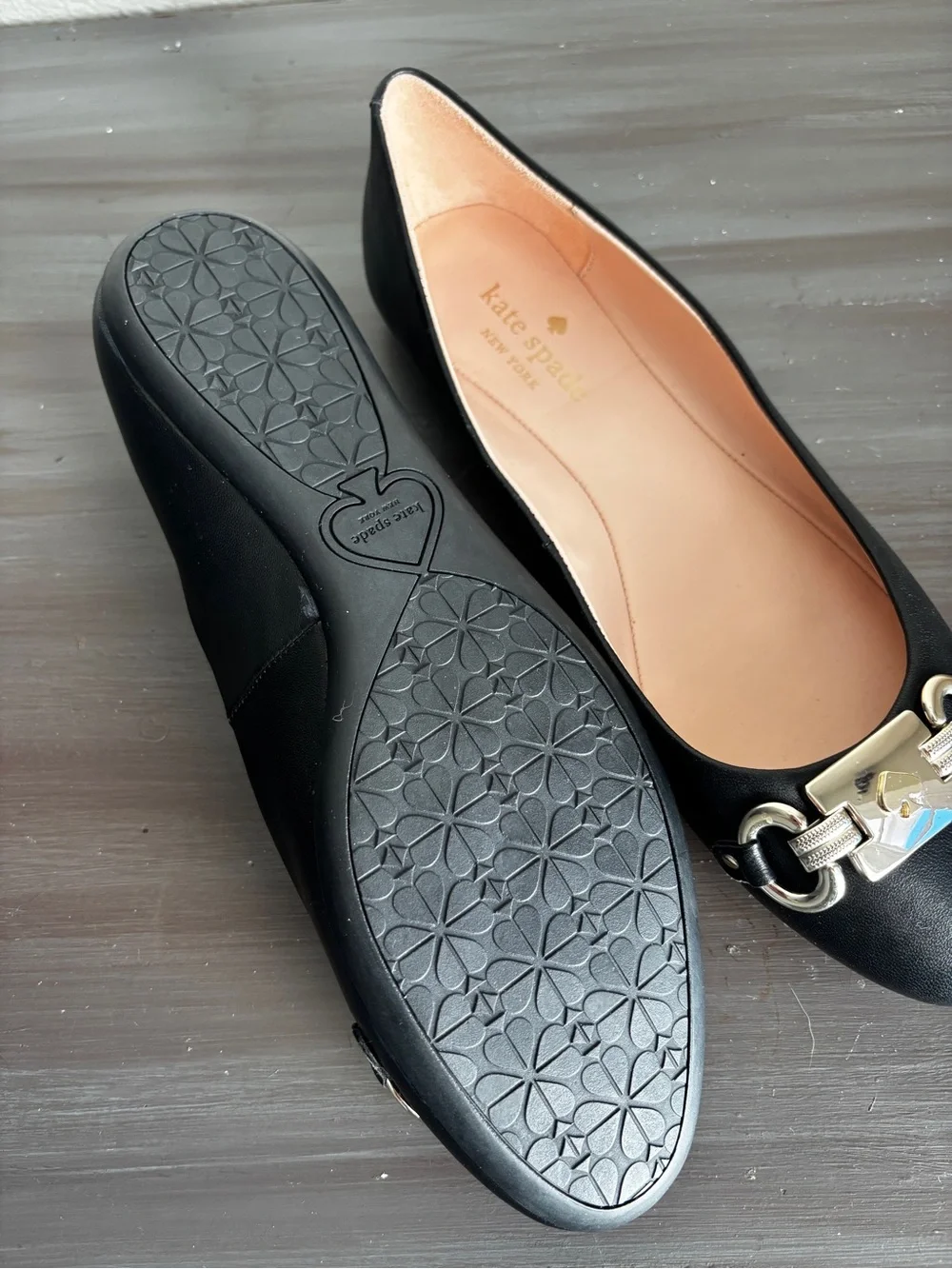 Kate Spade Payton Black Leather Ballet Flats with Gold Hardware